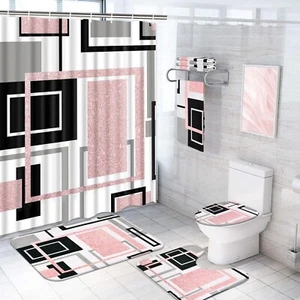 7 Piece Pink Geometric Shower Curtain Set with Rugs and Towel, Large - Picture 1 of 7