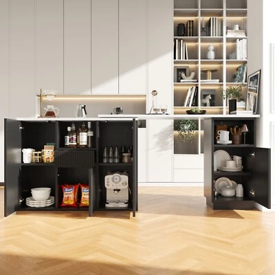 Kitchen Island Breakfast Bar Dining Table with Storage Cabinet Cupboard Black - Image 1 of 4
