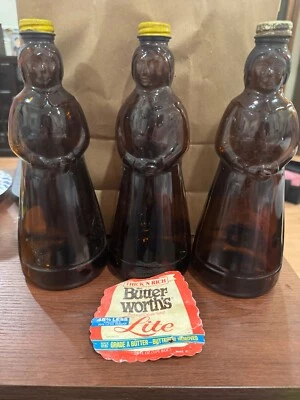 Vintage Mrs. Butterworth’s Glass Bottle Syrup Amber Brown 10" Yellow Metal Cap - Image 1 of 4