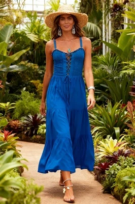 Lotus Traders 3 X синий богемное макси платье вискоза ручной работы Индонезии Flowy сарафан - Изображение 1 из 4