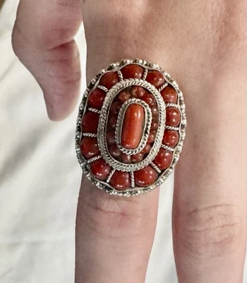 Vintage Sterling Silver Red Coral Cluster Dome Ring Sz 6.75, 23.7g, Handmade - Image 1 of 4