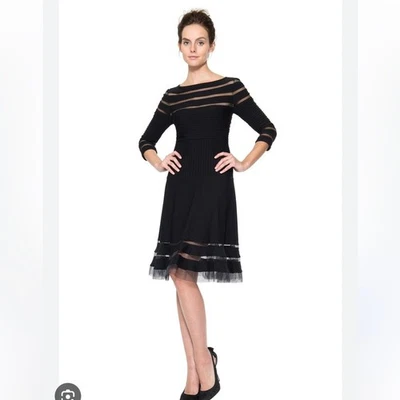 ✨ Vestido de cóctel Tadashi Shoji recortado jersey manga 3/4 negro talla M ✨ Foto 1 de 4