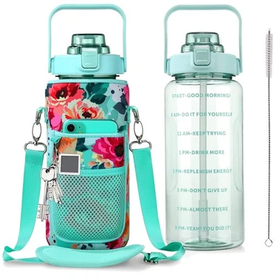 Botella de agua deportiva a prueba de fugas 64 oz sin BPA con marcador de tiempo y pajita emergente Foto 1 de 4