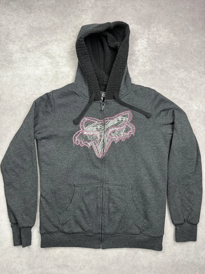 Fox Racing Hoodie Womens XL Gray Full Zip Sherpa Lined Lace Logo Pockets Warm - Image 1 of 4