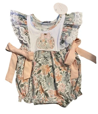 Abby & Evie Pumpkin Embroidered Romper 3M NWT – Fall Baby Girl Bubble Outfit - Image 1 of 4