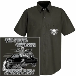 CAMICIA DA LAVORO OLD SCHOOL MUSCLE DADDY HOT ROD OUTLAW GASSER DRAG CAR SKULL 1979-93 - Foto 1 di 12
