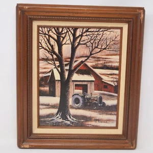 H Hargrove Canvas Art Print Winter Landscape Red Barn Tractor 90s Country Scenic - Picture 1 of 16