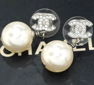 CHANEL CC Logos Rhinestone Pearl Drop Stud Earrings Silver Tone A18V Auth w/Box - Picture 1 of 6