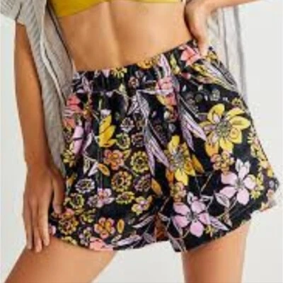 Free People At First Site Black Floral Terry Cloth Shorts - Image 1 of 4