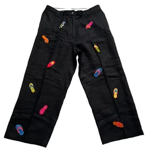 Saint Tropez West Women's Size 12 Black Linen Cropped Pants Embroidered Sandals - Picture 1 of 13