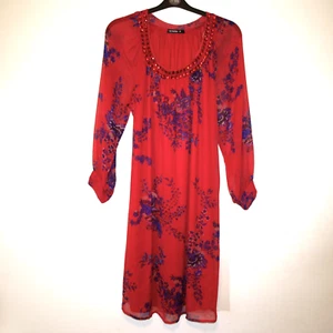 Patterned swing DRESS casual long-sleeve Midi 18 UK red with blue floral motifs - Picture 1 of 11