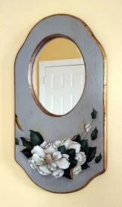 Hand Painted Cabbage Rose Floral Wooden Wall Mirror (Jan Reddy, 1987) Gold Trim - Picture 1 of 6