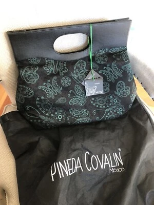 Bolsa de mão Pineda Covalin de seda e couro nova com etiquetas muito elegante verde e preta Reg. US$ 275 - Imagem 1 de 4