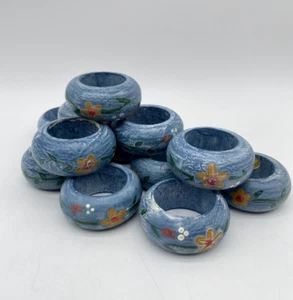 Vintage Set 12 Retro Napkin Rings Hand Painted Pink Blue Floral Granny Cottage - Picture 1 of 7