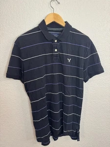 American Eagle Mens Polo Blue Striped The Eagle Button Vintage Fit Size L - Picture 1 of 6