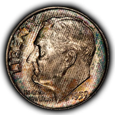 1959 10c Silver Roosevelt Dime - Rainbow Textile Toning - BU - SKU-Z6374 - Image 1 of 4