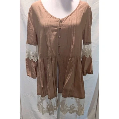 Camisa Umgee EE. UU. Manga Larga Bordada Encaje Bronceado Crema Top Talla Pequeña Boho Foto 1 de 4