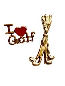 Vintage Golf Pins/Tie Tacks Gold Tone I Love Golf Red Enamel Heart &Set of Clubs - Picture 1 of 10