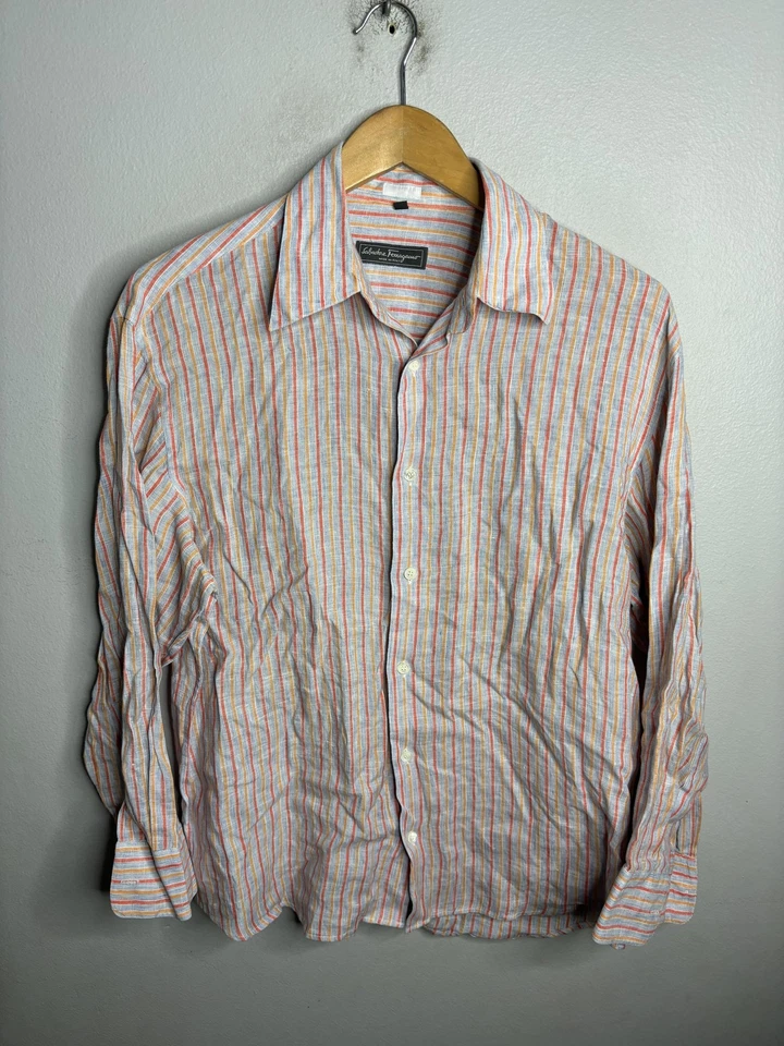 Camisa Salvatore Ferragamo Para Hombre Mediana Multicolor Rayas Lino Abotonada Italia Foto 1 de 4