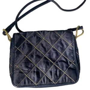 Vintage Sharif Black Quilted Crossbody Bag Gold Accents Leather Satin Old Money - Picture 1 of 10