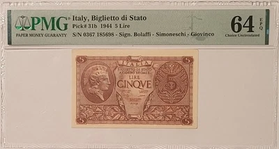 Italy - Biglietto di Stato WWII 1944 5 Lire Note Choice Unc 64 EPQ PMG - Image 1 of 4