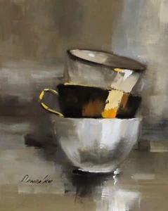 vintage cups gold ,white Still Life Oil painting collectible art UKRAINE 8X10 - Picture 1 of 12