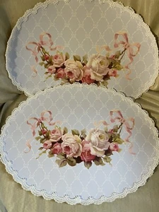 Elegant Set Of 2 Victorian Floral And Bows Print , Lace Trimmed Placemats “Blue” - Picture 1 of 8