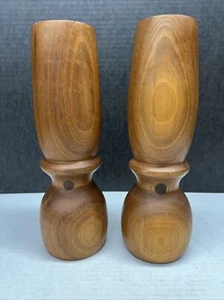 VTG Walnut Hand Turned Wood Vintage Mid Century Candle Holders Pillar 10.75” - Picture 1 of 8