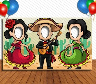 Banda de mariachi y bailarines, agujero en la cara, utilería fotográfica selfie de fiesta, tema mexicano Foto 1 de 4