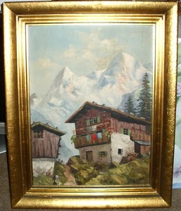 HARRINGTON MANN VINTAGE ÖL AN BORD MIT EINEM SCHWEIZER CHALET MIT SCHWEIZERALPEN SELTEN - Bild 1 von 3
