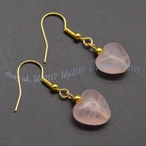 12mm Natural Pink Rose Quartz Heart Shaped Gemstone Beads Dangle Hook Earrings - Picture 1 of 6