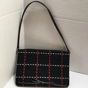 Kate Spade Wool Handbag Bag Plaid Charcoal Red Off White Small Tweed Bow Purse - Picture 1 of 12