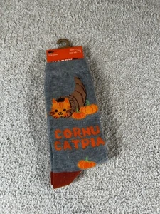 Happy Fall Crew Socks Pumpkin Cat Gray Women's One Size Funny Novelty NWT - Picture 1 of 3