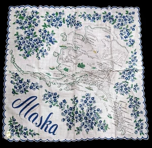 Vintage Ranshaw Alaska State Map Womens Handkerchief Hanky 1960s Blue Floral - Picture 1 of 5