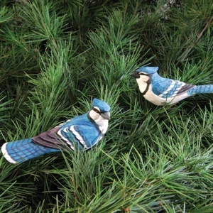 Set of 2 Carved Wood BLUE JAY Clip-On Ornaments by Gallerie II - Picture 1 of 1