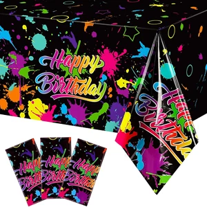 Neon Glow in The Dark Birthday Party Tablecloth Paint Splatter Graffiti Happy... - Picture 1 of 7