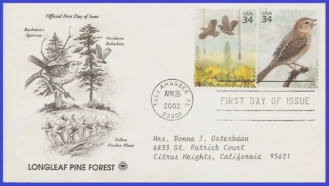 USA5 #3611a ADDR PCS ARTCRAFT FDC STR2  Pine Forest Northern Bobwhile - Image 1 of 1