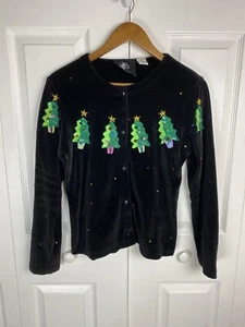 Michael Simon S Velvet Velour Cardigan Sweater Embroidered Christmas Tree Beaded - Picture 1 of 3