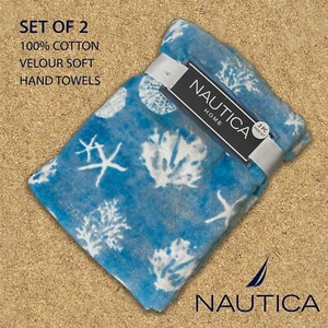 SET OF 2 NAUTICA HOME Cotton Velour Hand Towels Turq Blue Coral Shells Seastars - Picture 1 of 4