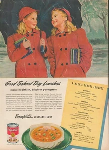 1945 Campbell's Gemüsesuppe Schule Mädchen Regenmäntel Regenschirm Mittagessen Druck Werbung - Bild 1 von 1