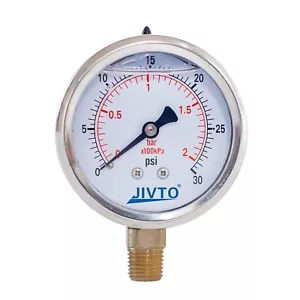 Pressure Gauge,Liquid Filled,2" Dia,0-30 psi,1/4 NPT Lower Mount - Picture 1 of 15