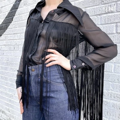 Blusa De Colección Años 70 Negra Flecos Transparentes Abotonados Por EROS, Western, Disco, Gótica Foto 1 de 4