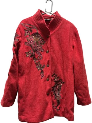 Bob Mackie Wearable Art Red Embroidered Button Jacket Size L 3170 - Image 1 of 4