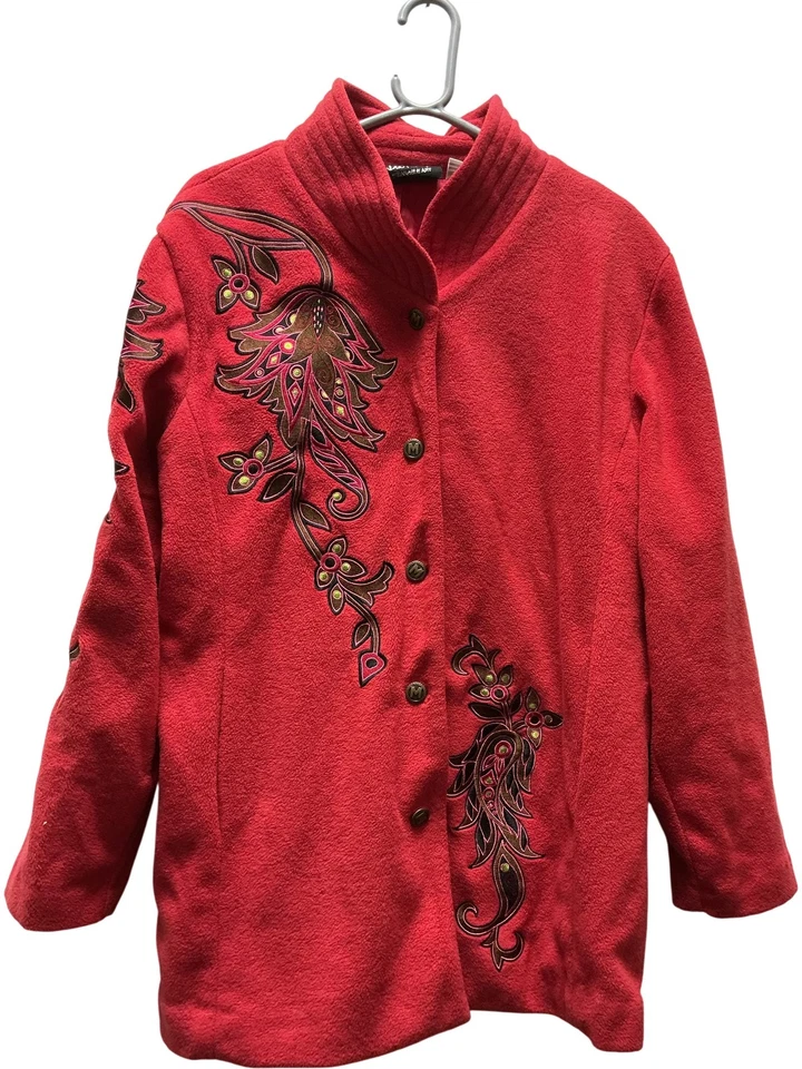 Bob Mackie Wearable Art Red Embroidered Button Jacket Size L 3170 - Image 1 of 4