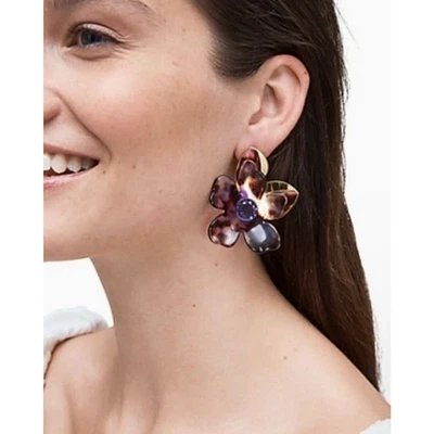Kate Spade Large Purple Brown Floral PETAL PUSHER Gold Plated Statement Earring - Image 1 of 4
