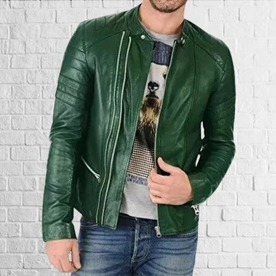 Classic Cut Fit: Timeless Dark Green Zipper Leather Handmade Jacket for Men - Image 1 of 4