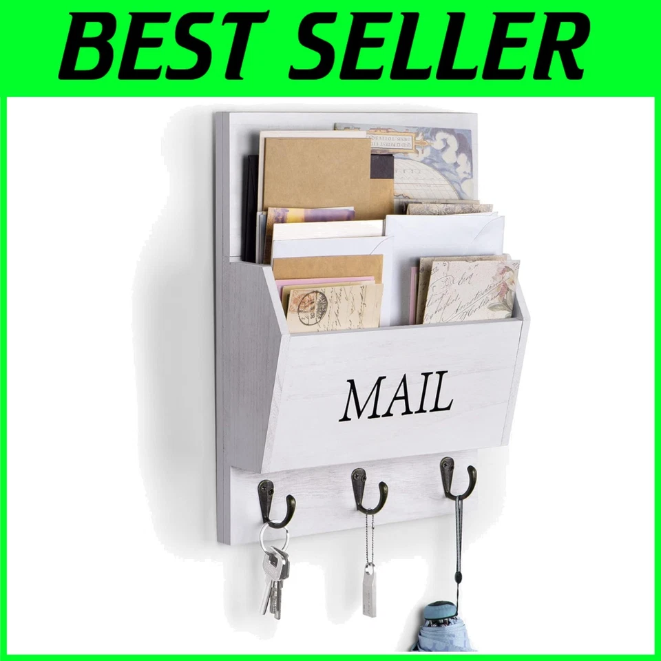 Rustic Wooden Mail Organizer Wall Mounted - Image 1 of 4
