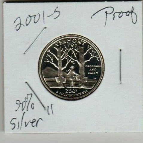 2001 S Vermont PROOF 90% Silver STATE 1788 QUARTER Freedom MAPLE LOW Mintage ST Cover