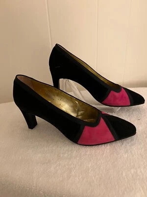 Escada Vintage Womens Suede Pumps, Pink/Black, sz 8, satin Ribbon Trin - Image 1 of 4