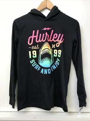Hurley Surf And Enjoy Shark Hooded long sleeve Black T-Shirt Youth Large NWT - Image 1 of 3
